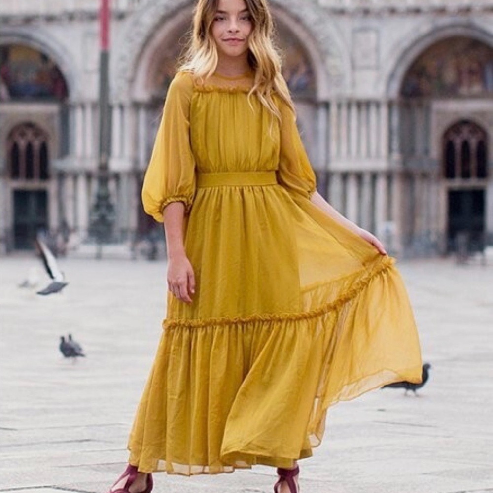 Joyfolie Mustard Long Sheer Sleeve Mustard Maxi Dress